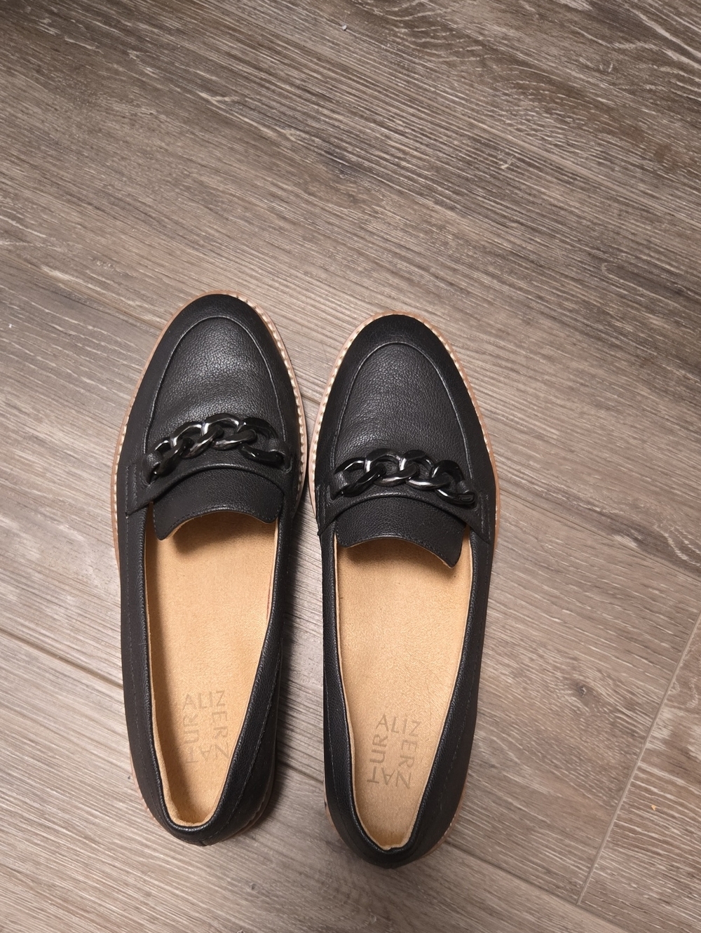 Naturalizer Black Leather Loafers with Gold Chain
